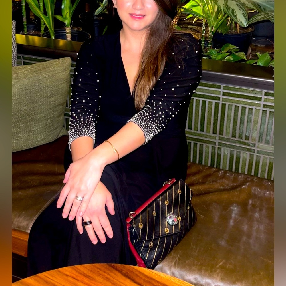 MSK Black Midi Dress with Pearl Embellished Sleeves β Size L (Worn Once) - Picture 1 of 9
